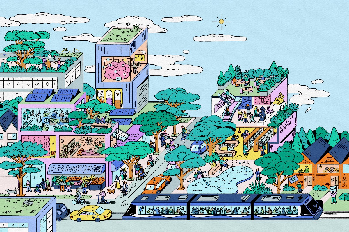 An illustration by Kathleen Fu demonstrates a city block adapted for and equipped with technologies and urban planning techniques to help mitigate climate change.