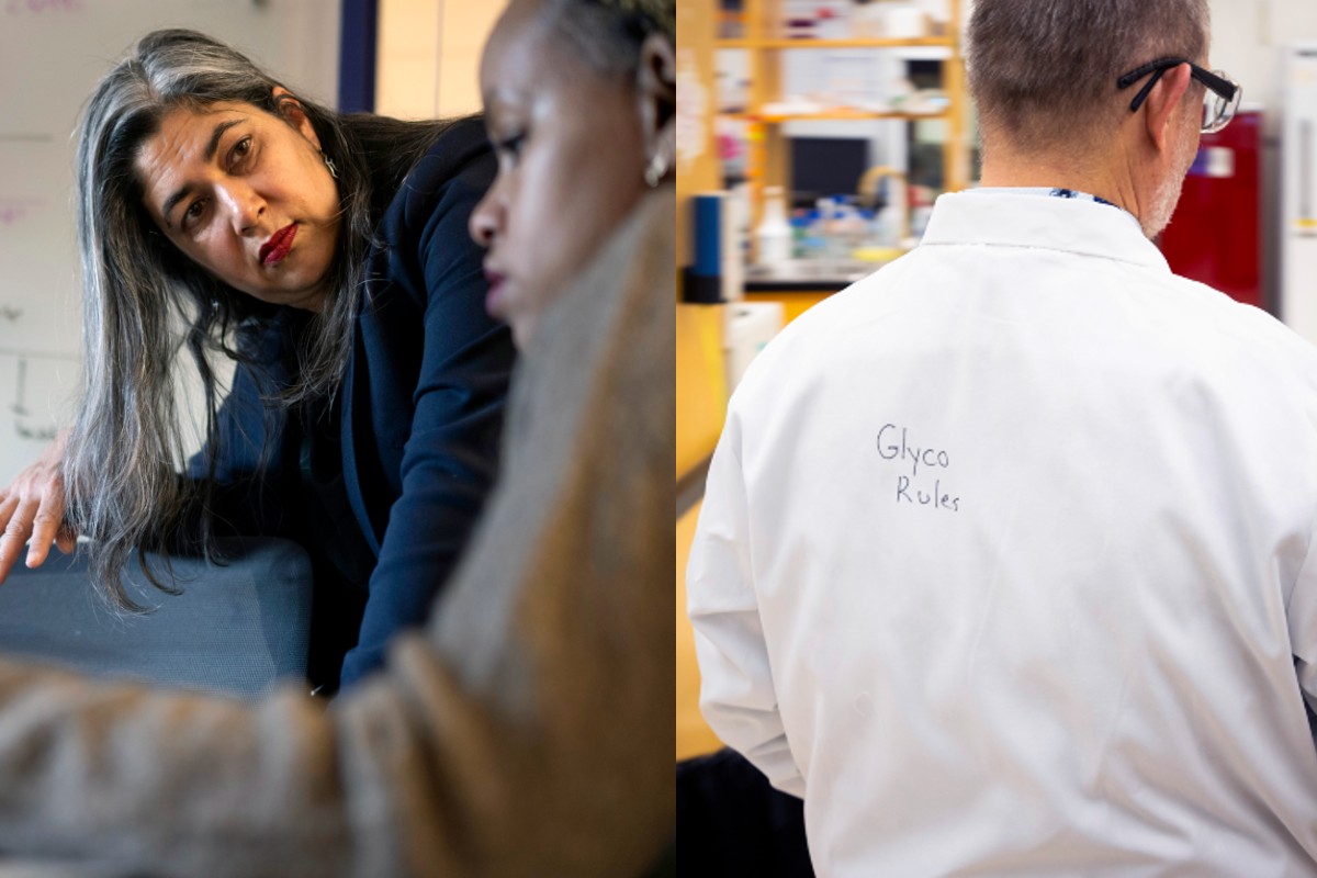 CERC and founder and director of the Glycomic Institute of Alberta Lara Mahal (left) works with a student in a classroom, explaining the science of glycomics. Warren Wakarchuk (right), scientific director of GlycoNet, is pictured in the lab wearing a lab coat that says 'Glyco Rules.'